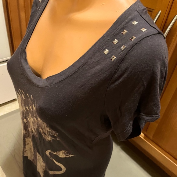 EXPRESS Womens Tee Shirt Lion Stars Stripes Studs Medium High Low Hem Cut Flag - Picture 5 of 8